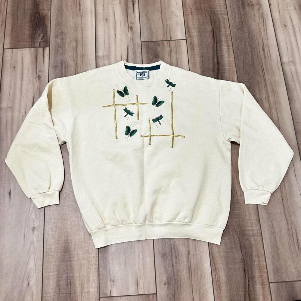 Vintage 90s Lee Embroidered Butterfly Dragonfly Crewneck Sweatshirt L Cream